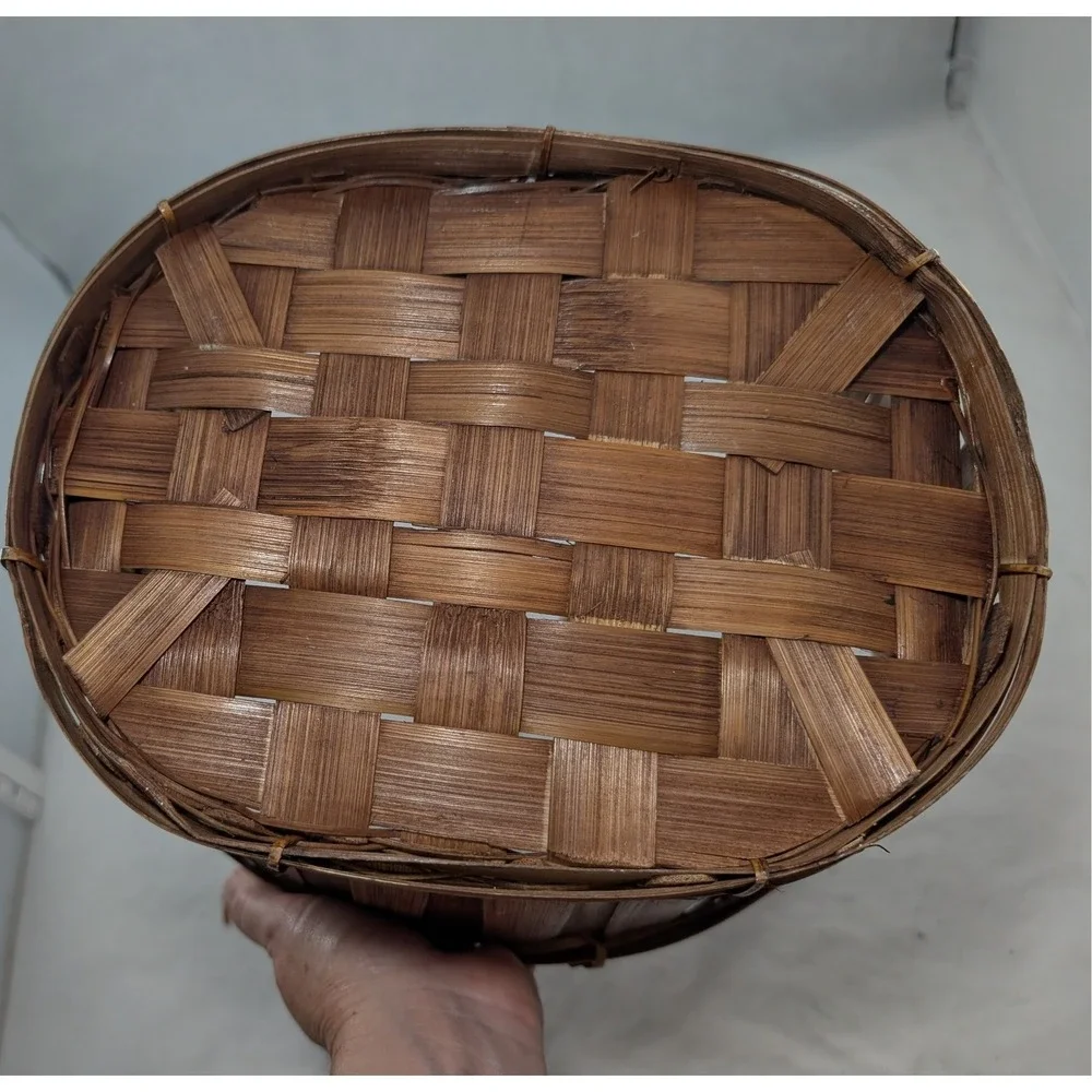 Vintage Woven Bamboo Strawberry Basket Oval Slatted Wood Storage with Handles